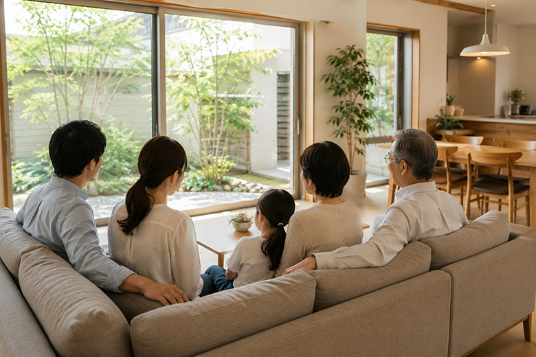 親子3世代がくつろいでいる様子